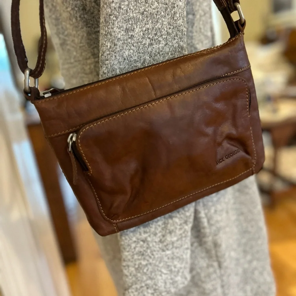 Jack Georges Voyager Brown Leather Front Zip Pocket Crossbody Bag Purse